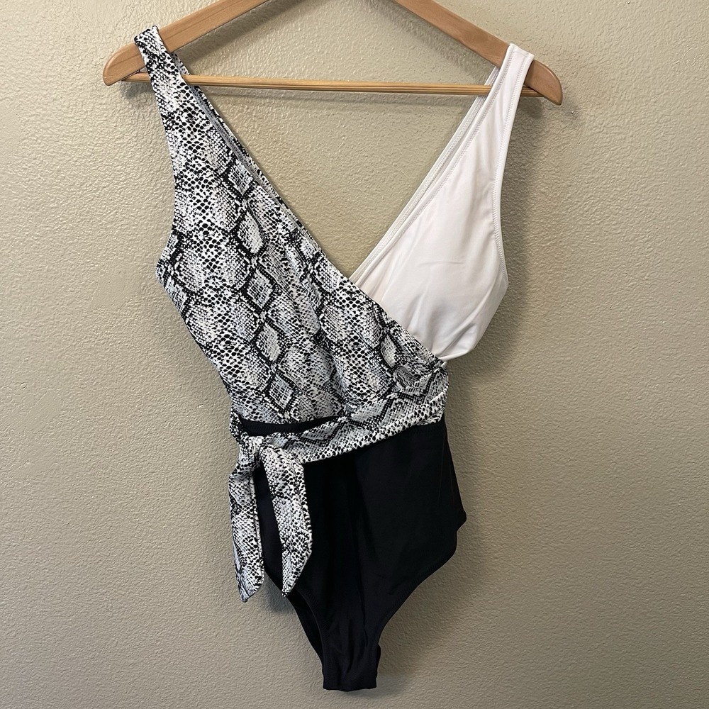 Colorblock Snake Print One Piece Swim Suit Side Sash B Neck Size S/M - READ